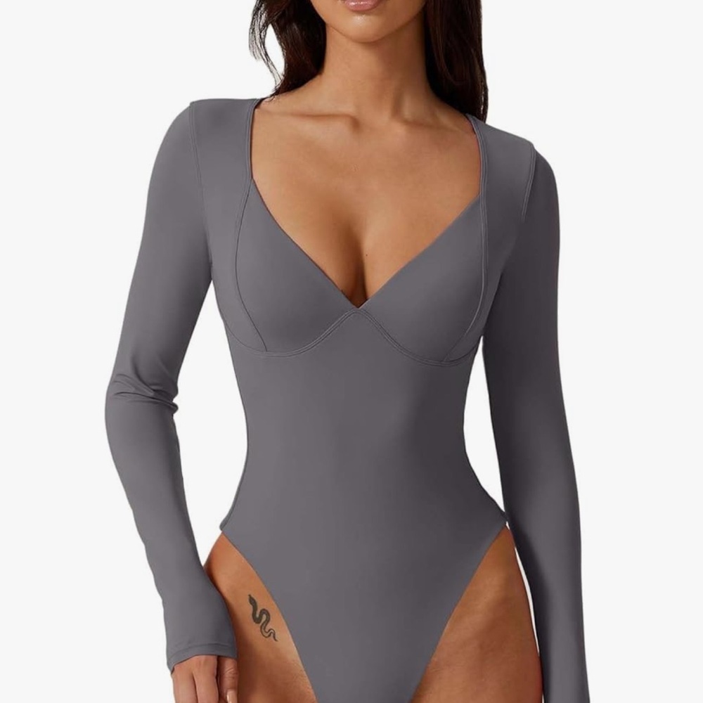Women Long Sleeve Bodysuit V Neck Seamed Cup Sculpting‎ Top Gray XL